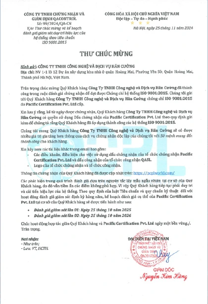 Thư chúc mừng chứng nhận ISO